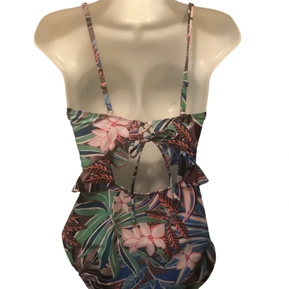 Hurley Floral Cut Out One Piece Swimsuit XL Ruffled Lace Up Back Coconuts